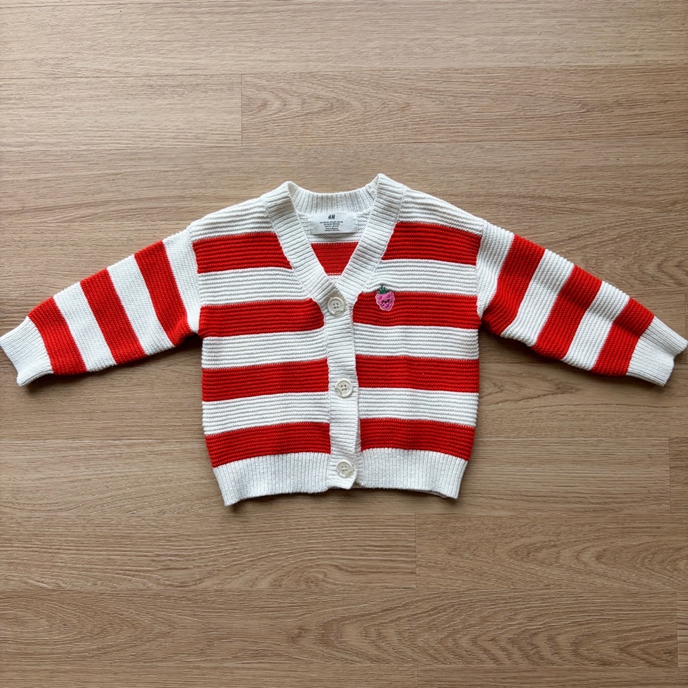 H&M Red and White Striped Knit Cardigan with Heart Patch